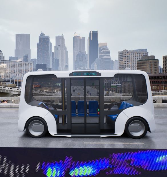 Autonomous electric bus self driving on street, Smart vehicle technology concept, 3d render